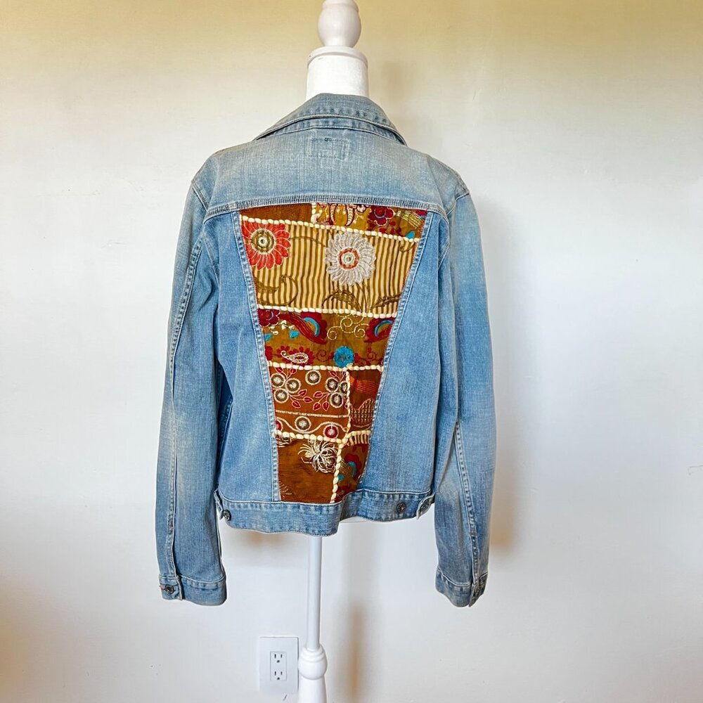Patchwork Boho Vtg Inspired Lucky Brand Statement Denim Jacket 70s  Reworked L - Picture 3 of 14